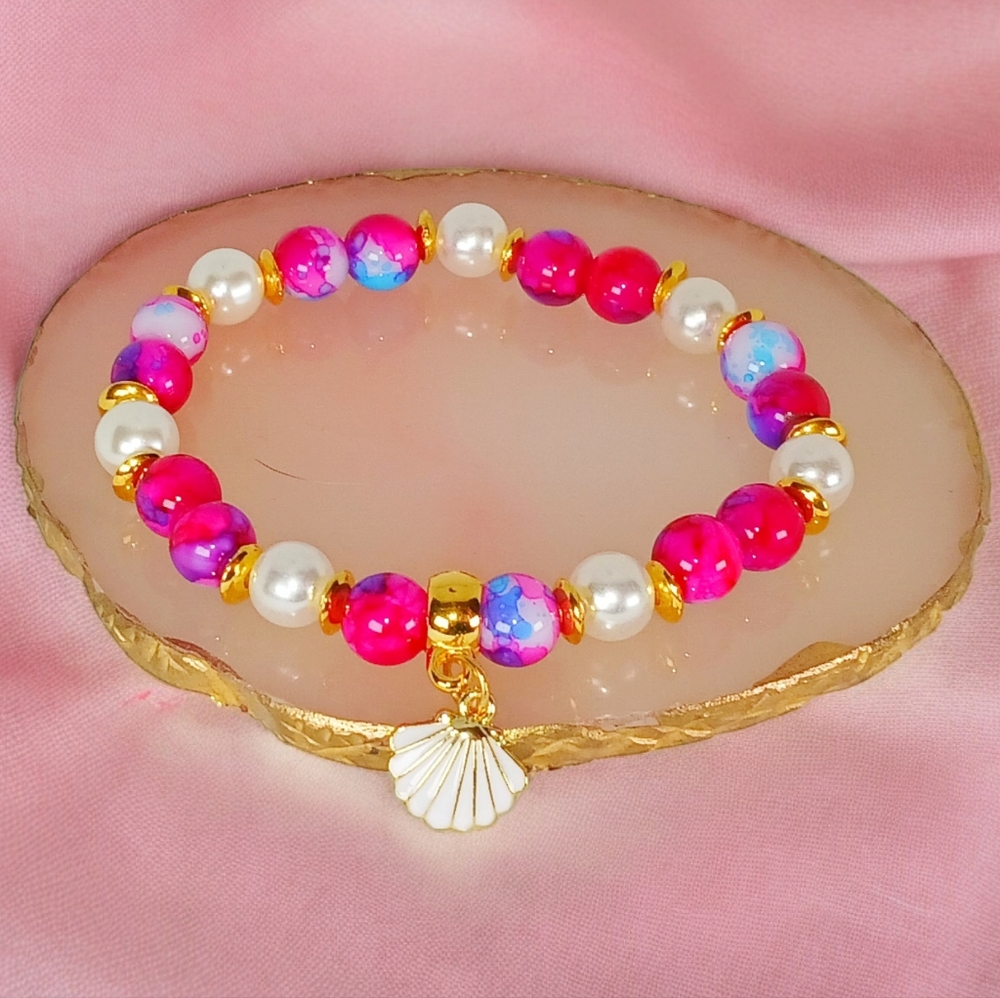 Pearl Multicolor Beads & Shell Charm Bracelet Mermaidcore Coastal Beachy 2000s